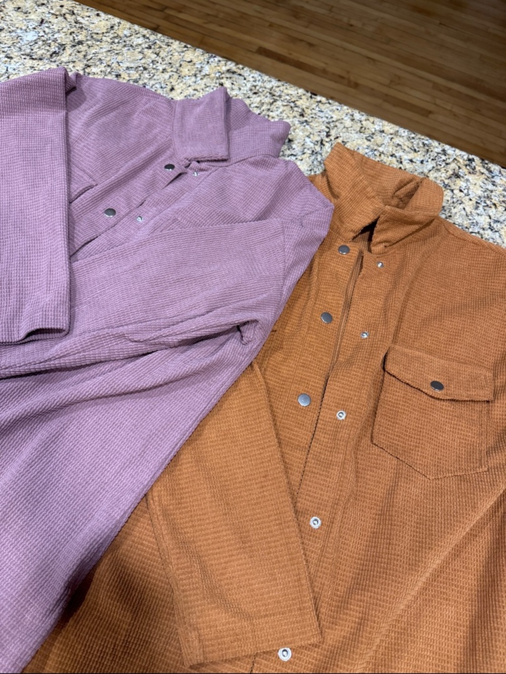 Waffle Knit Button-Up Shacket - Mauve & Rust